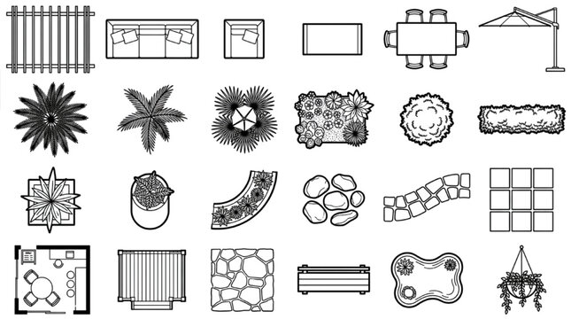 Landscape plan view symbols and garden masterplan vector CAD blocks

