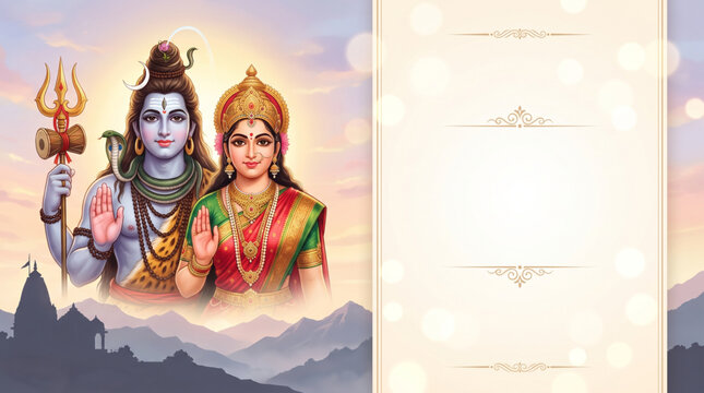 Lord Shiva and Goddess Parvati with Himalayan temple landscape and copy space for Kajari Teej festival greeting banner
