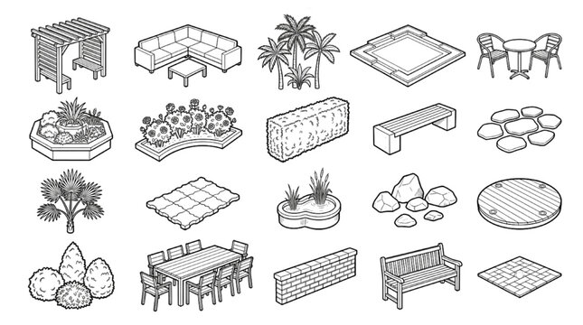 Isometric garden landscape elements and backyard furniture CAD blocks
