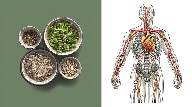 Illustration of traditional herbal medicine and human heart blood vessel anatomy, herbal cardiovascular conditioning TCM health medical science backdrop