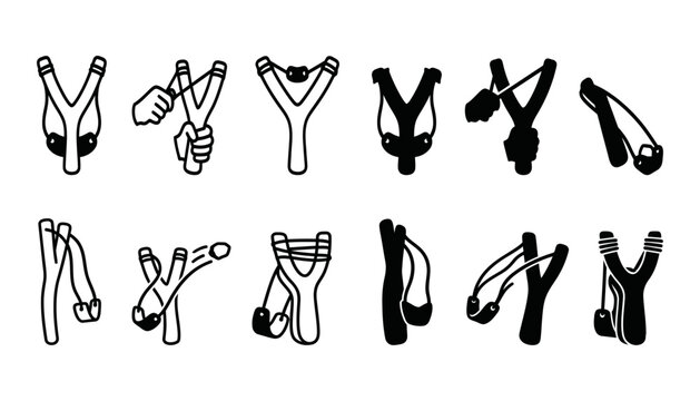 Slingshot Collection Black and White Outline and Silhouette Vector Icons Traditional Catapult Hunting Tool Set
