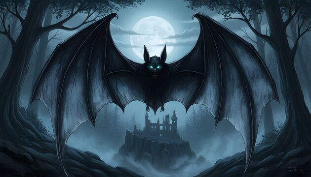 Dark fantasy illustration of a giant bat with glowing blue eyes hovering over a ruined castle at night