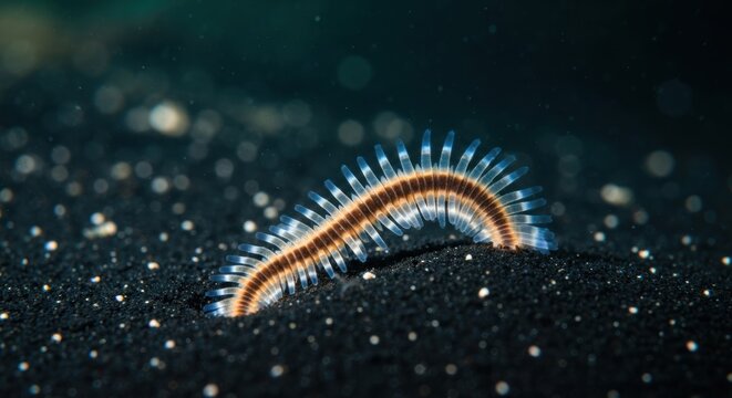 Glowing bristle worm crawling on dark seabed, bio luminescent marine life.
