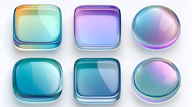 3D liquid glass frames with soft refraction effect, white background round square buttons. Realistic glass frame for phone app design, modern glassmorphism UI elements on white background