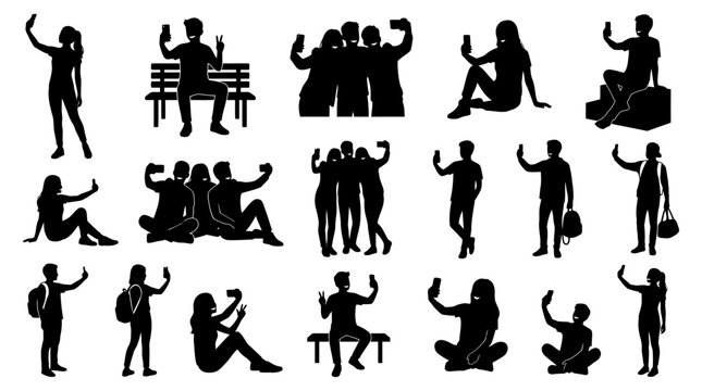 Black silhouettes of people taking selfies with smartphones isolated on a plain white background.