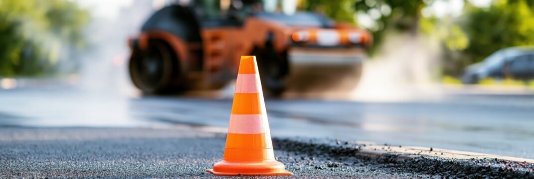 Orange traffic cone with road roller compactor paving asphalt with copy space