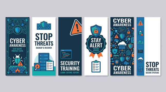 Cyber awareness vertical banner set, security training and data protection web headers, stop threats and stay alert information graphics