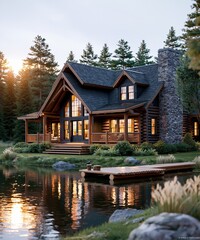Fototapeta premium Log cabin lake house with private dock, golden light reflecting on water, cozy forest retreat