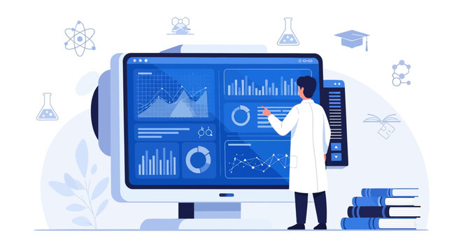 Scientist Analyzing Data on Futuristic Computer Screen, Research Concept