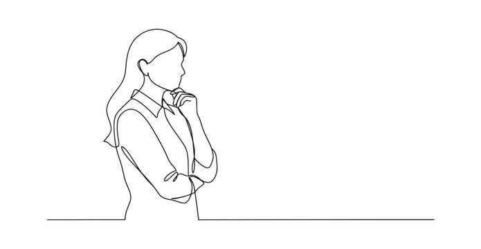 Continuous single line drawing of woman thinking with thoughtful expression, thinking