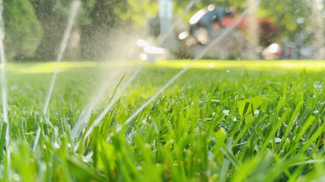 Water sprays gently over vibrant green grass in a sunny park in Simferopol, Crimea. The sparkling droplets create a refreshing and joyful feeling.