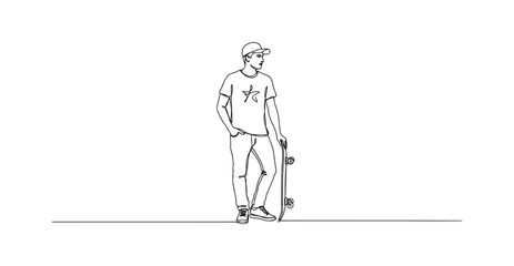 Minimalist continuous line art of a skater standing with skateboard standing © Stockline