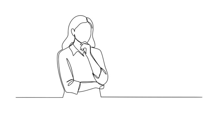 Thoughtful woman posing with hand on chin continuous line art thoughtful thinking