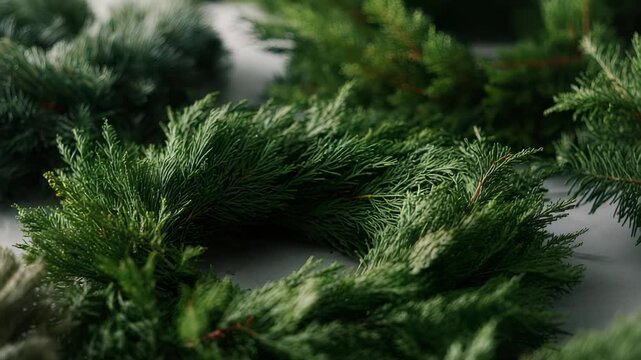 Festive evergreen wreath made from fresh pine branches, perfect for holiday decoration and seasonal celebrations. Natural greenery creates a cozy and inviting atmosphere indoors