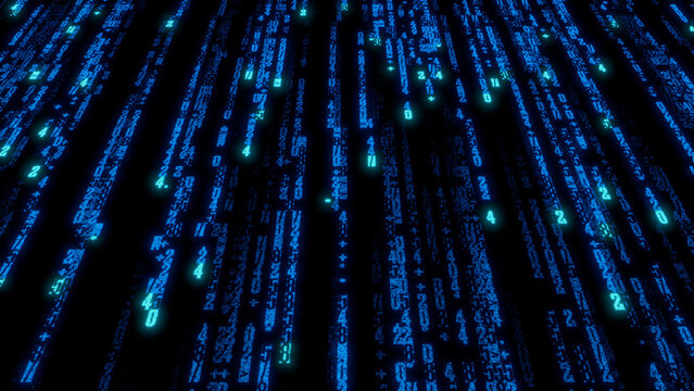 High-Detail Grid of Bright Green and Blue Binary Code Characters on Black Background - Dynamic Digital Display for Virtual Reality, Technology, and Data Visualization Projects