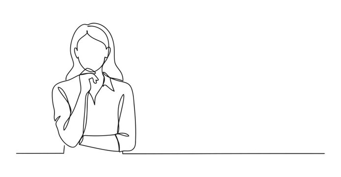 Woman in deep contemplation continuous line drawing portrait with contemplation, thinking