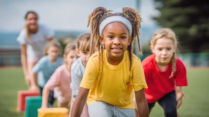 Diverse group of elementary school children in sportswear participating in a fun outdoor sports day race