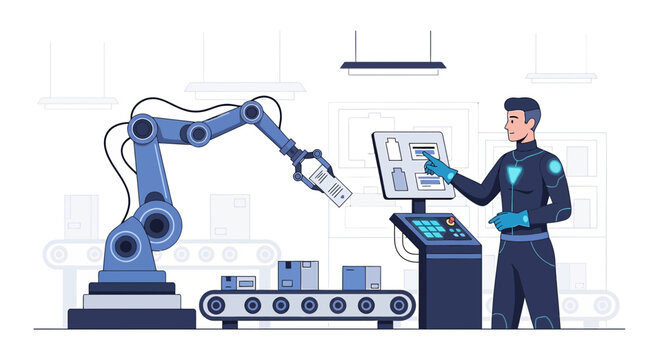 Robotic Arm and Technician in Automated Factory Production Line