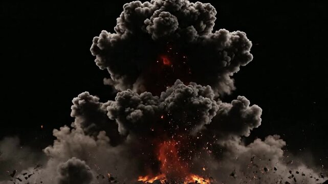 Exploding Mushroom Cloud with Intense Fireball and Dramatic Smoke on Black Background