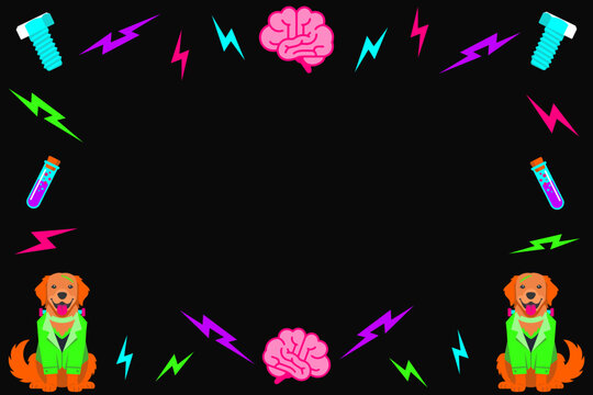 Smiling neon Halloween stitched monster Golden Retriever and brains forming a border frame with center copy space for text.