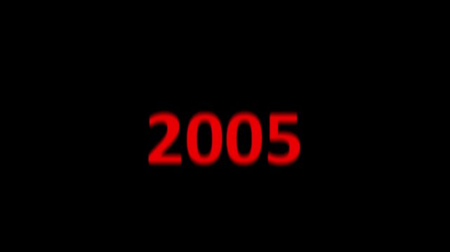 Reverse 26 year counter animation scrolling back from 2026 to 2000. White 3D text on black background. Going back in time flashback and history timeline motion graphics concept.