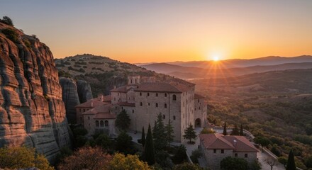 Fototapeta premium Ancient monastery perched atop rock formations at sunset with warm, golden light