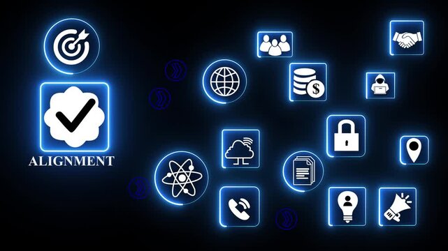 Alignment technology icons network with target connection strategy icon system illustrating business alignment coordination planning and goal synchronization interface.4k technology video..