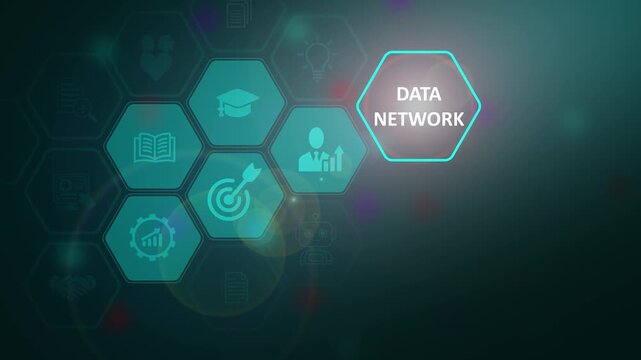 Futuristic data network concept with a glowing hexagonal information matrix interface and cloud computing tech icons over a dark background.