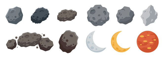 various grey asteroid and crescent moon objects bundle set © foxndeer