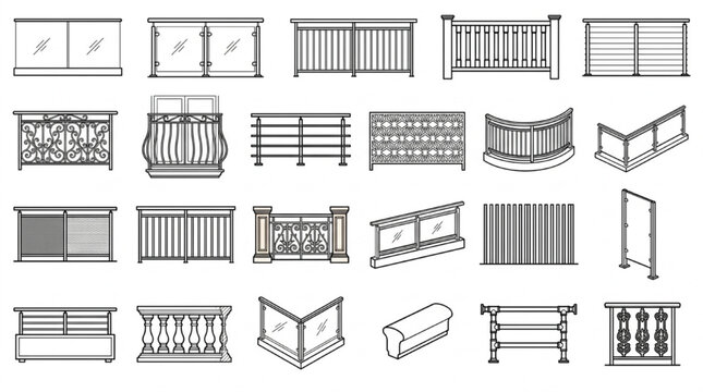 Classical wrought iron balcony railings and modern glass balustrade CAD blocks
