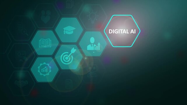 Futuristic digital AI concept featuring a glowing hexagonal artificial intelligence matrix interface and technology business icons on a dark background.