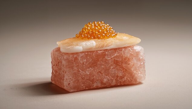 Geometric block of raw cured kingfish topped with static translucent spheres