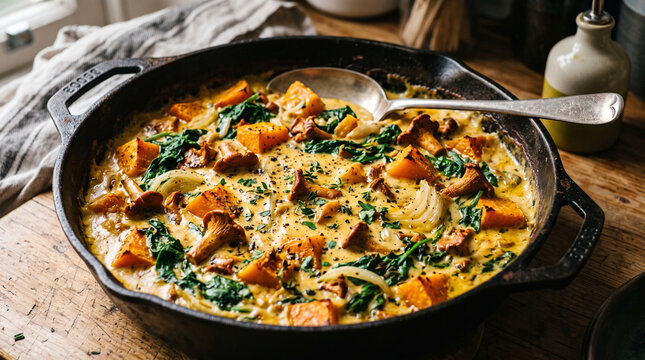 Creamy skillet dish with roasted pumpkin, chanterelle mushrooms, spinach, and onions served in a rustic cast iron pan on a wooden table