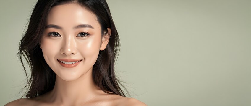 Woman looking directly into the lens with a soft smile and radiant skin on a light background.