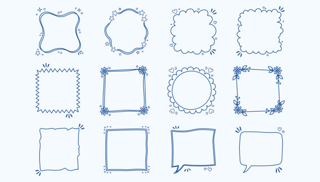 Hand drawn doodle frames and borders set. Cute blue sketch decorative frames with floral, scalloped, zigzag and speech bubble shapes for text. Vector collection