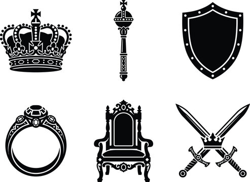 Black and white royal symbols on including crown and shield