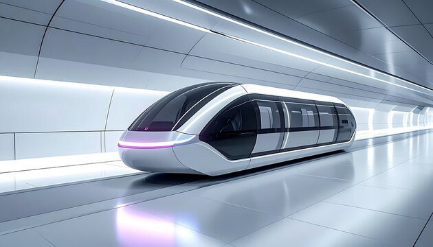 A sleek, futuristic monorail speeds through a modern, well-lit station