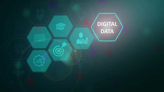 Futuristic digital data concept with glowing hexagonal matrix interface and business innovation icons over a dark abstract background with lens flare.