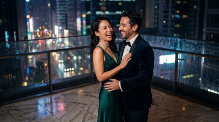 Fototapeta premium Elegant couple laughing during anniversary celebration on a rooftop at night.