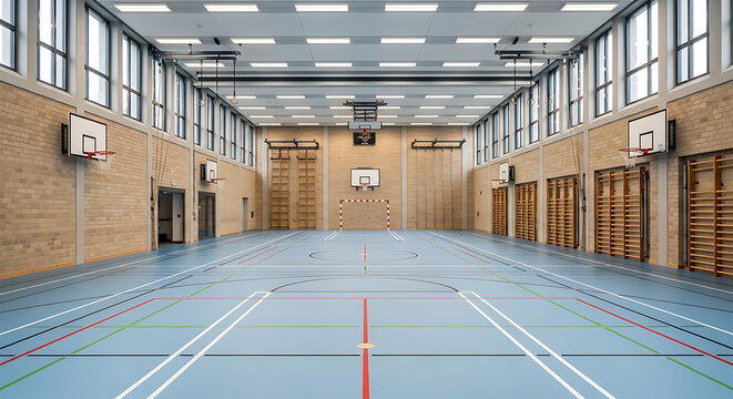 Empty modern indoor sports hall with basketball hoops and wooden wall bars.