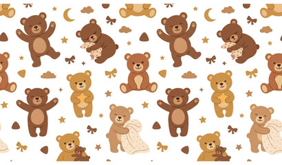 Fototapeta premium Cute Fluffy Teddy Bear Doll Seamless Pattern Vector for Baby Nursery Textile Background