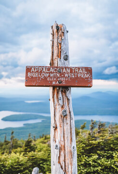 Appalachian Trail marker on Bigelow Mountain summit, Maine.