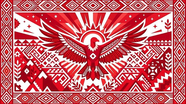 Red and White Eagle Folk Art Illustration with Tribal Geometric Patterns and Sunburst Motif