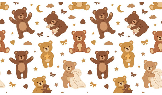 Cute Fluffy Teddy Bear Doll Seamless Pattern Vector for Baby Nursery Textile Background