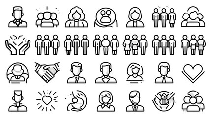 Fototapeta premium Community and society icon set. People, diversity, inclusion, teamwork, social support, equality, family, nonprofit icons. Thin line editable stroke vector illustrations. Stock Vector