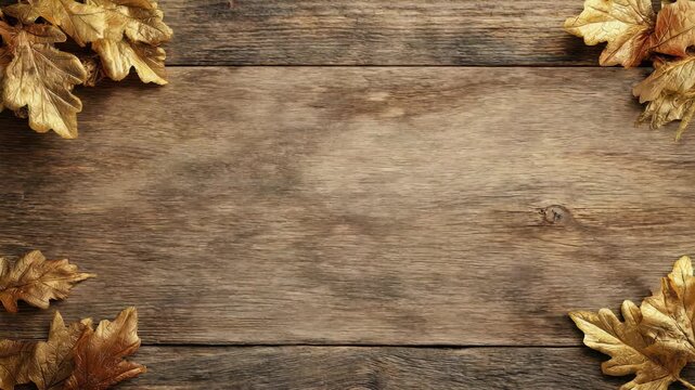 A collection of golden fall leaves decorates the corners of a weathered wooden surface, evoking autumn vibes. The central blank area offers an inviting spot for creative compositions or messages