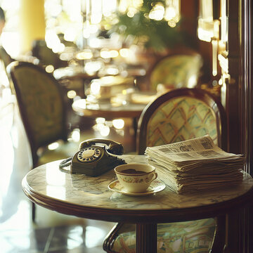 A classic rotary phone, hot coffee, and stacked newspapers on a marble table in a soft-lit, elegant interior with blurred background