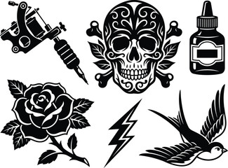 Fototapeta premium Black and white tattoo designs with skull, rose, bird, and tattoo machine