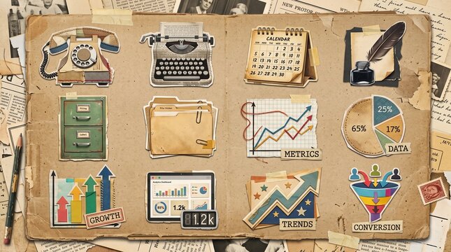 set of vintage objects on wooden background
