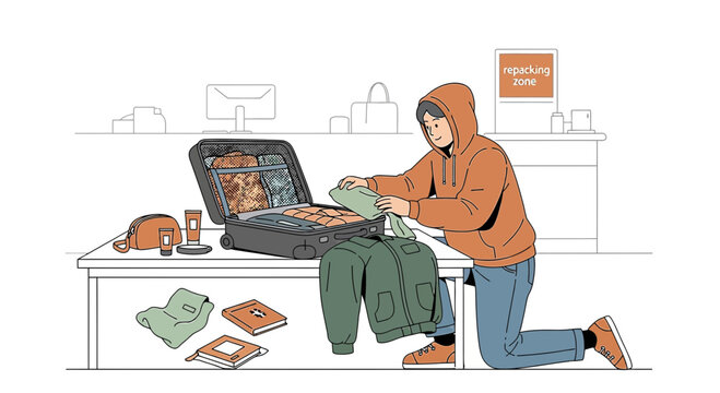 Person repacking travel suitcase in a designated zone, organized packing